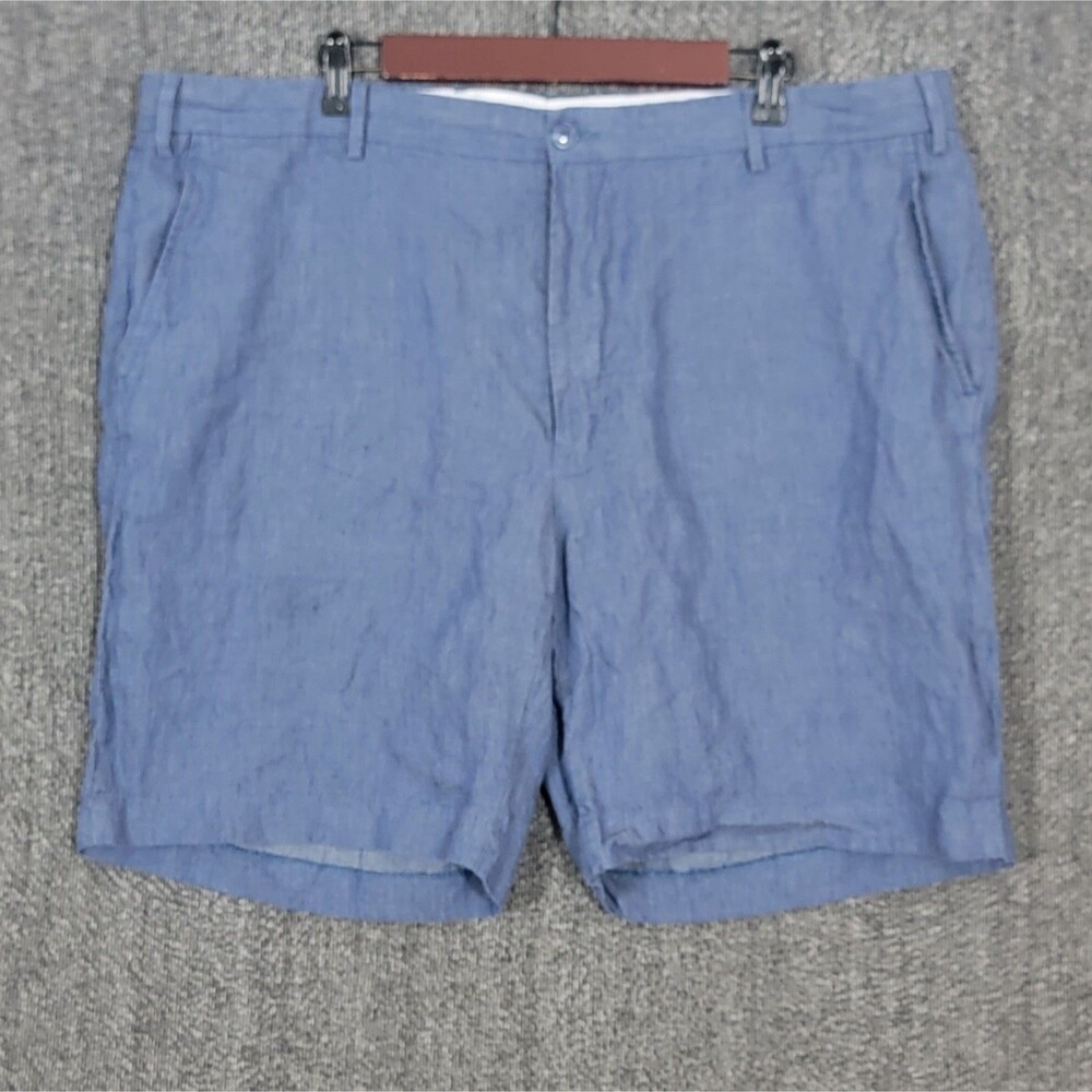 Paul Fredrick Shorts Mens 42 Blue 100% Linen Flat Front Chino Resort Wear